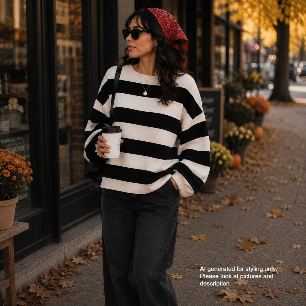 Mango Basics Women Black White Striped Cotton Oversized Sweatshirt Size S